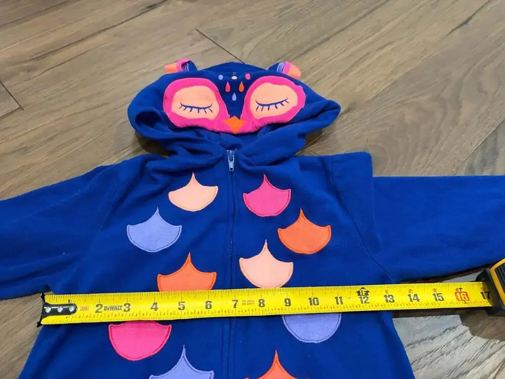 Cat & Jack Girls Blue Owl Hooded Fleece One Piece Pajamas Size S 6/6X